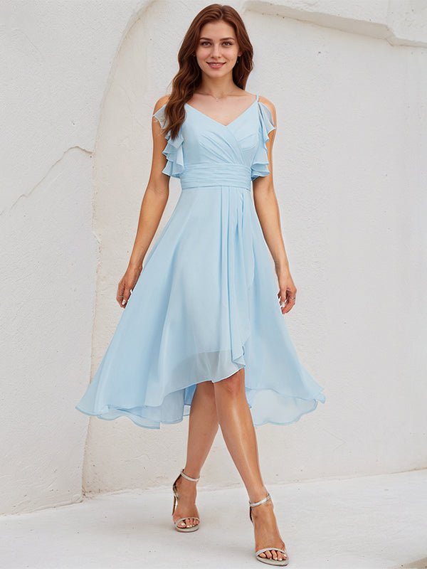 Sky Blue Chiffon A Line V Neck Sleeveless Asymmetrical Bridesmaid Dress