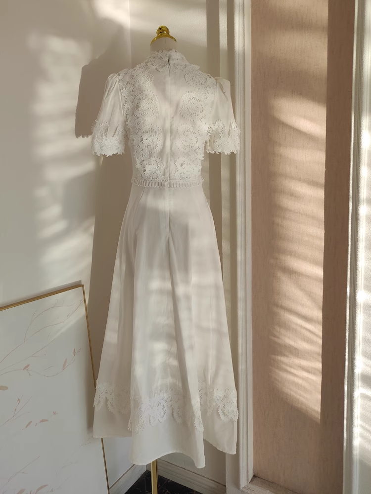 Cute A-Line High Neckline Short Sleeves Lace White Party Dress Chiffon Holiday Dresses - View 2 | FashionDia