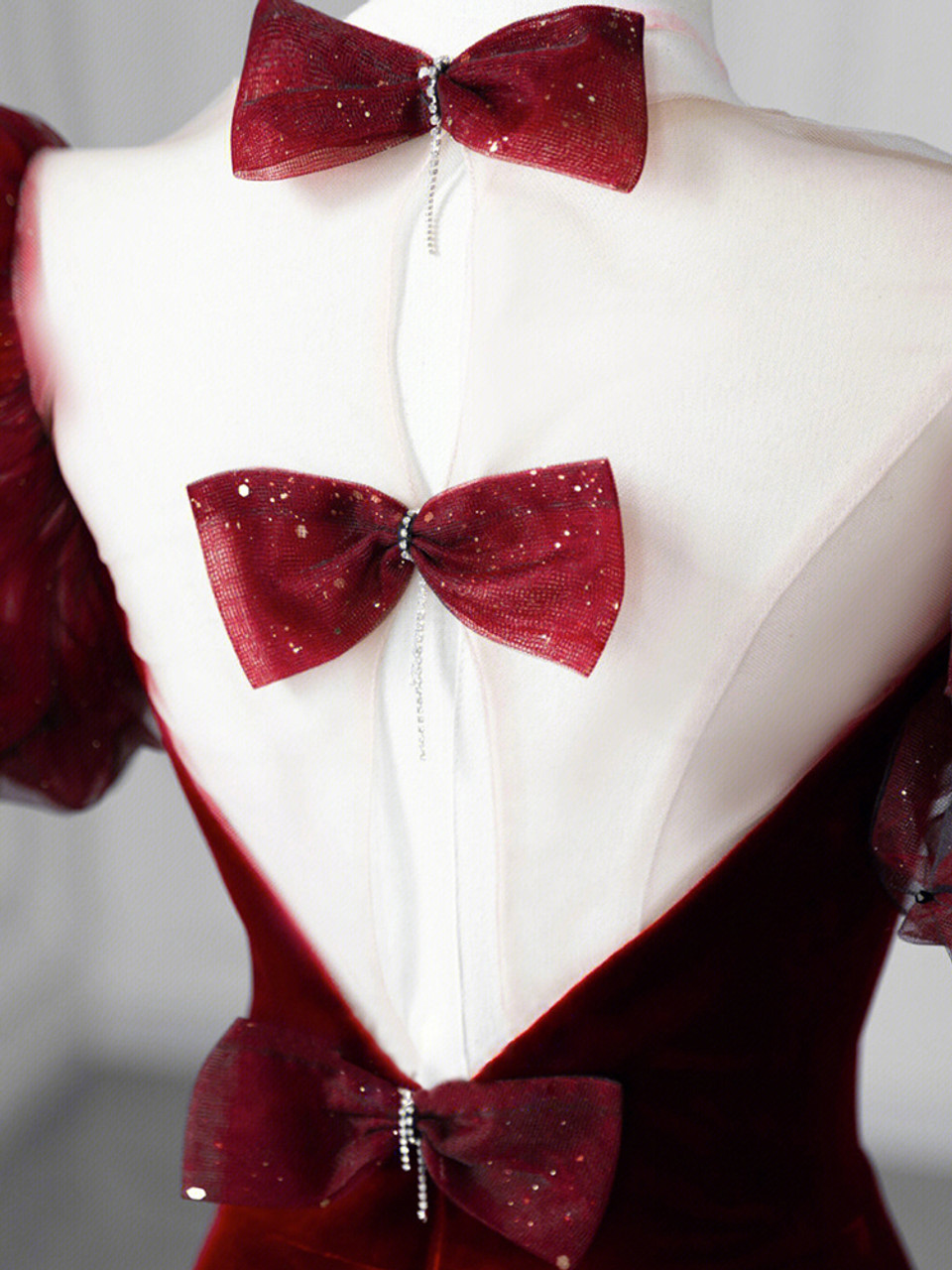 Burgundy Mermaid Velvet Puff Sleeve Bow Prom Dress Elegant Evening Dress Y7674 - View 2 | VelvetHem