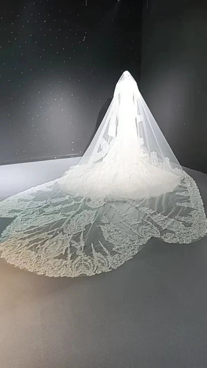V-neck long sleeved luxurious nail bead trailing bridal veil (ZD16770) - View 4 | VelvetHem