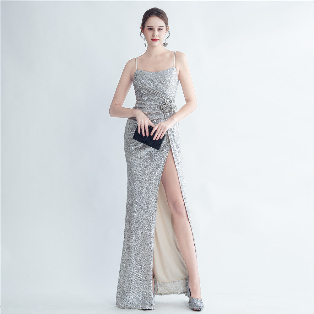 Gathers Sequ Handmade Floral Split Sling Simple Evening Dress - View 5 | VelvetHem