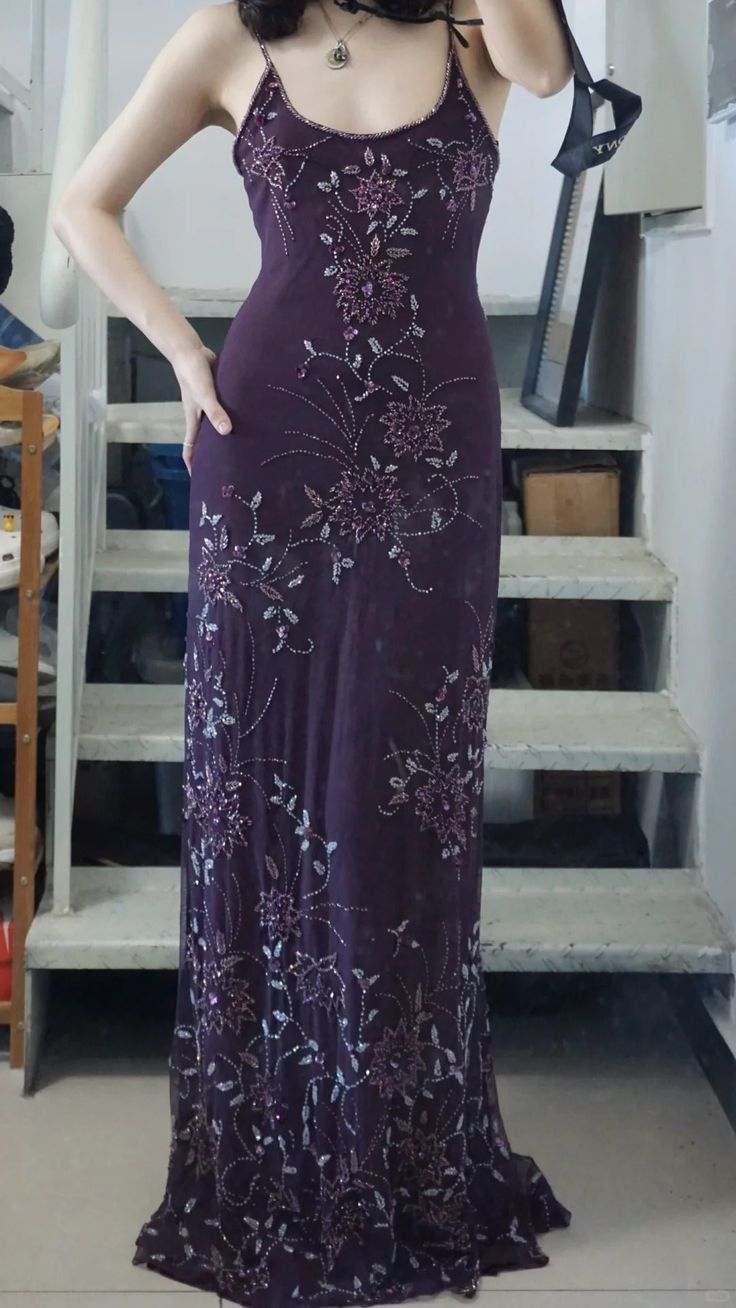 Beaded Purple Spaghetti Straps Long Prom Dress Sexy 21st Birthday Outfit
