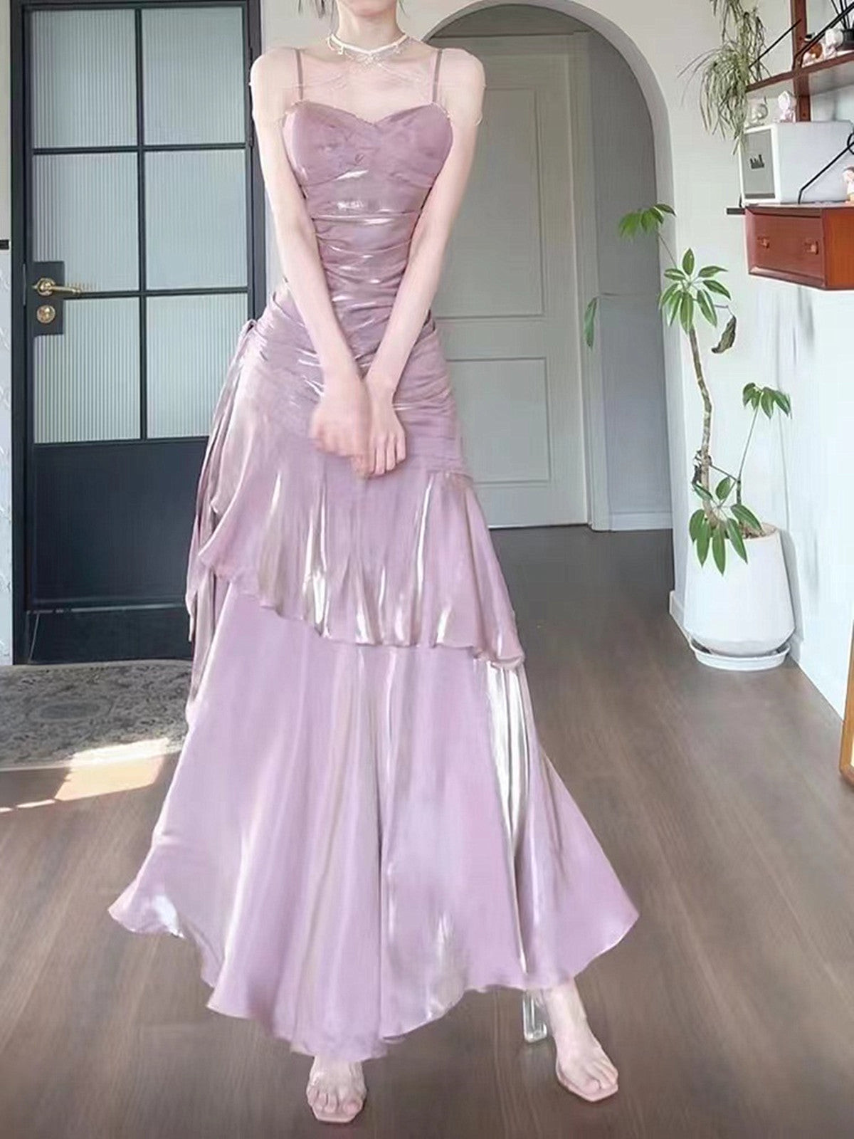 Chic Pink Satin Straps Long Party Dress Satin Mermaid Prom & Evening Dress - View 3 | FashionDia