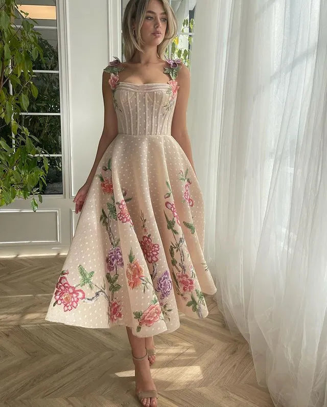 Elegant Prom Dress Spaghetti Strap 3D Flower Appliques Ruched Tea-Length Gowns Homecoming Dress Graduation Party