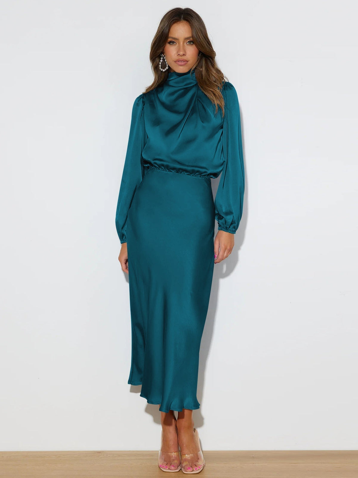 Autumn High Grade Satin Long Sleeve Loose Dress Elegant Women Dress Evening Dress Dress - View 4 | VelvetHem