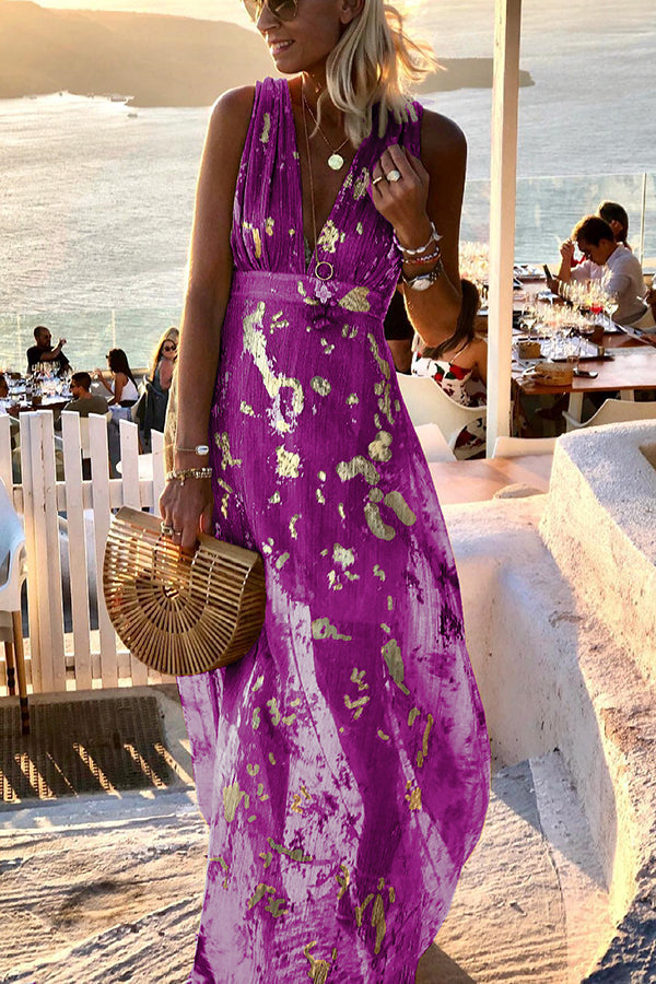 Jovita Aesthetic Long Dress with V Neck and Gold Sequins Chic Silhouette Collection