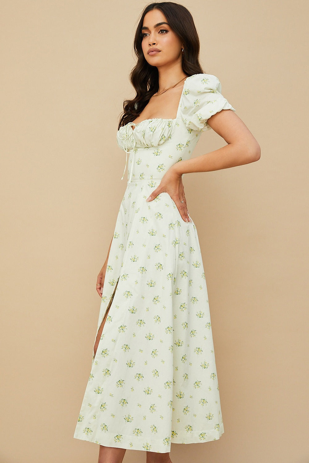 Puff Sleeve Wrap Slit Maxi Flower Dress