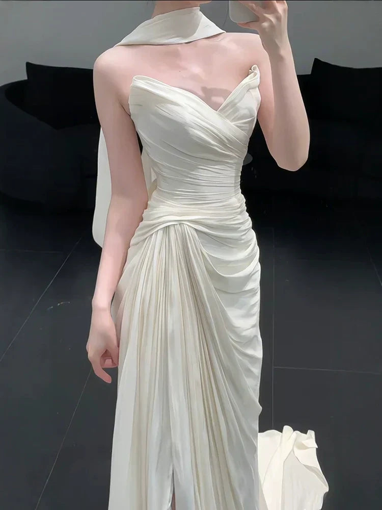 Strapless Pleat Long Wedding Dress Evening Party Dresses - View 3 | FashionDia