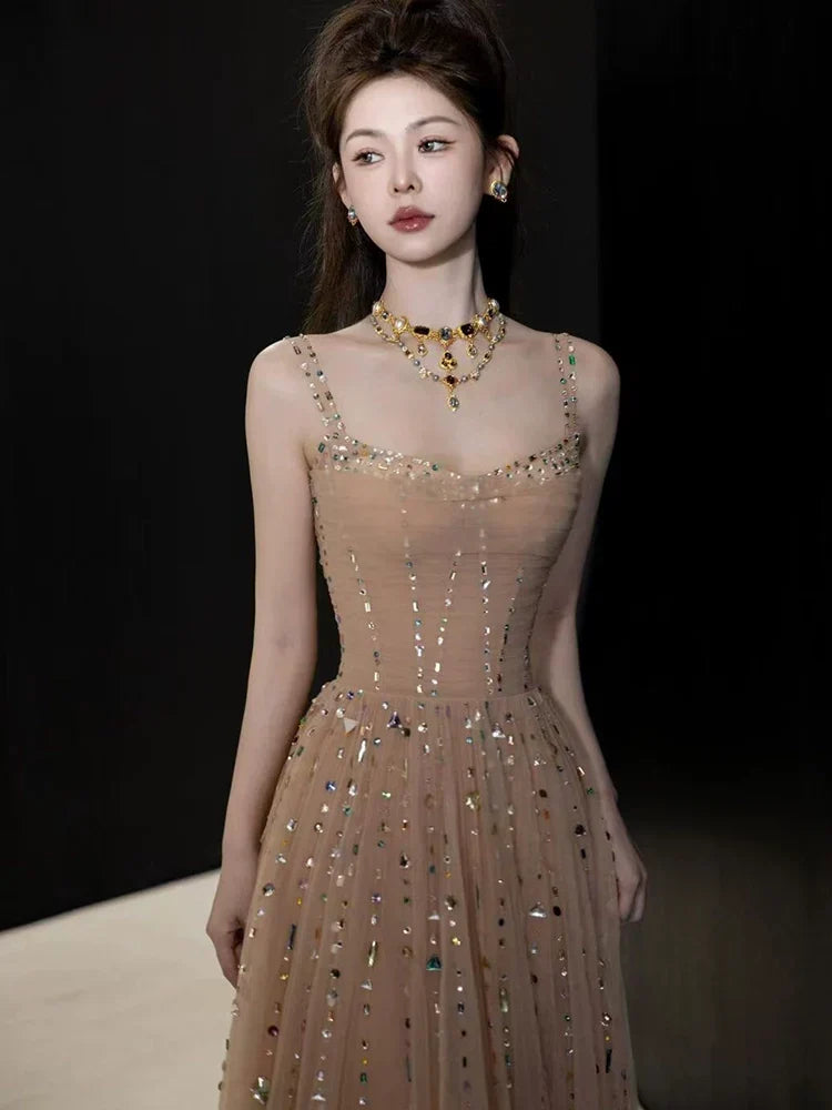 A Line Champagne Long Prom Dress Sexy Evening Dresses