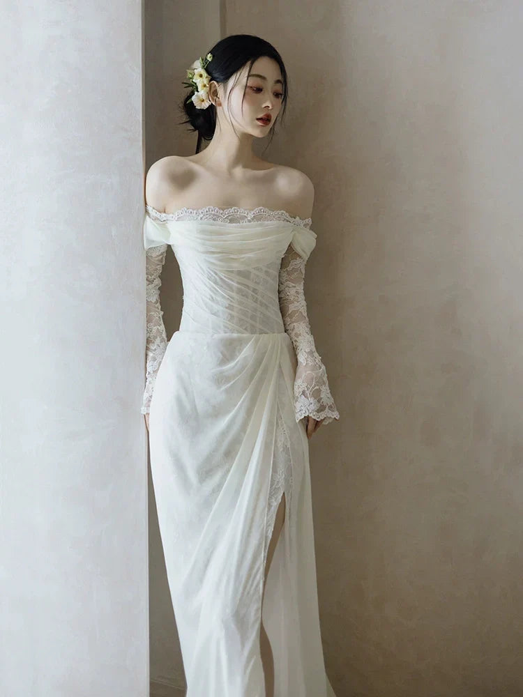 Off Shoulder Lace Long Wedding Dress Evening Party Dresses