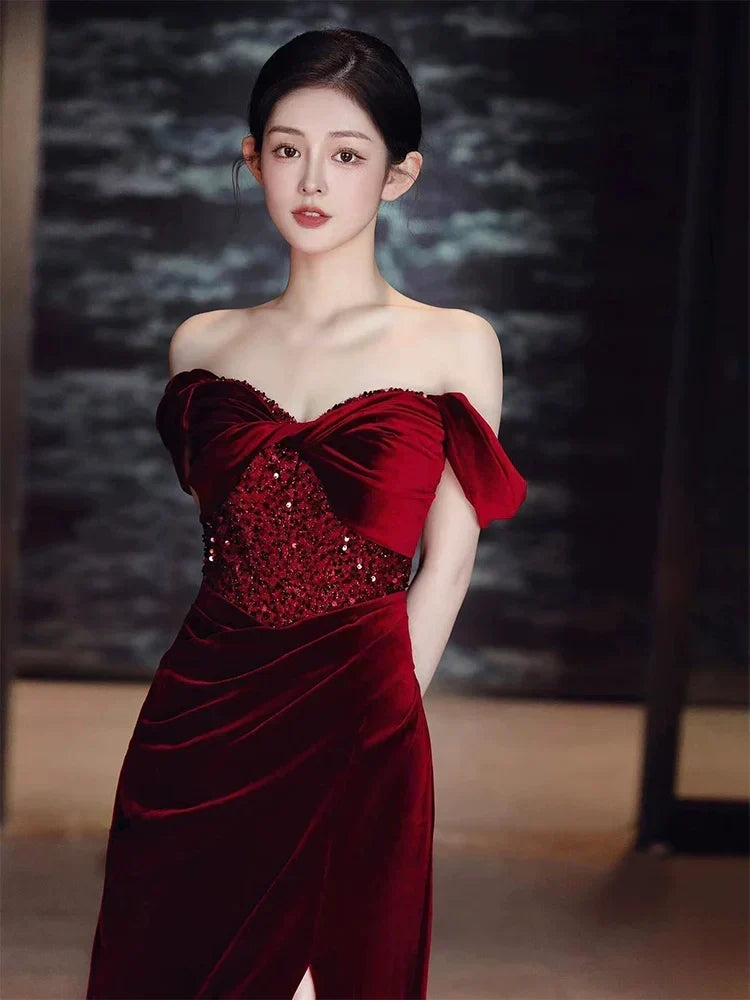 Burgundy Velvet Mermaid Long Prom Dress Off-the-Shoulder Evening Dresses With Slit - View 3 | FashionDia