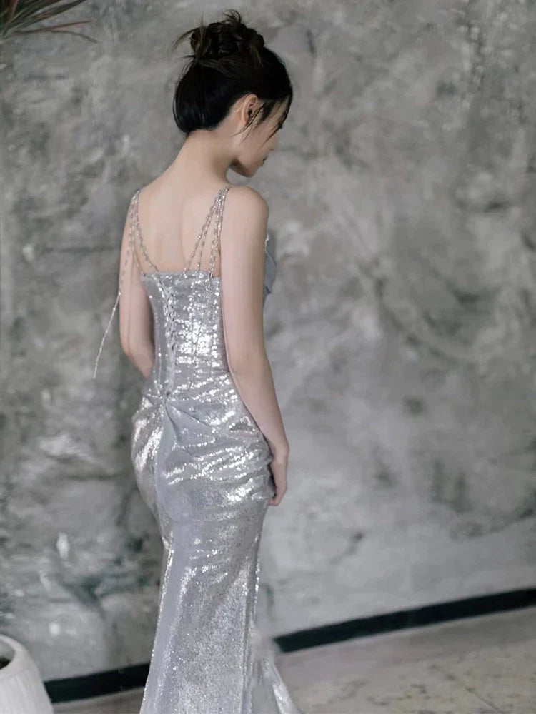 Silver Sequin Mermaid Long Prom Dress Sexy Evening Dresses