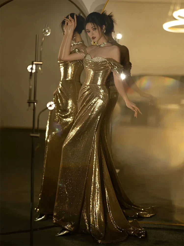 Mermaid Gold Long Prom Dress Sexy Off Shoulder Evening Dresses