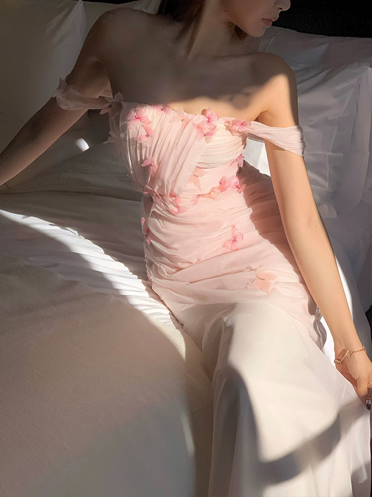 Pink Chiffon Long Prom Dress With 3d Butterfly Off-the-Shoulder Sweet Evening Gown
