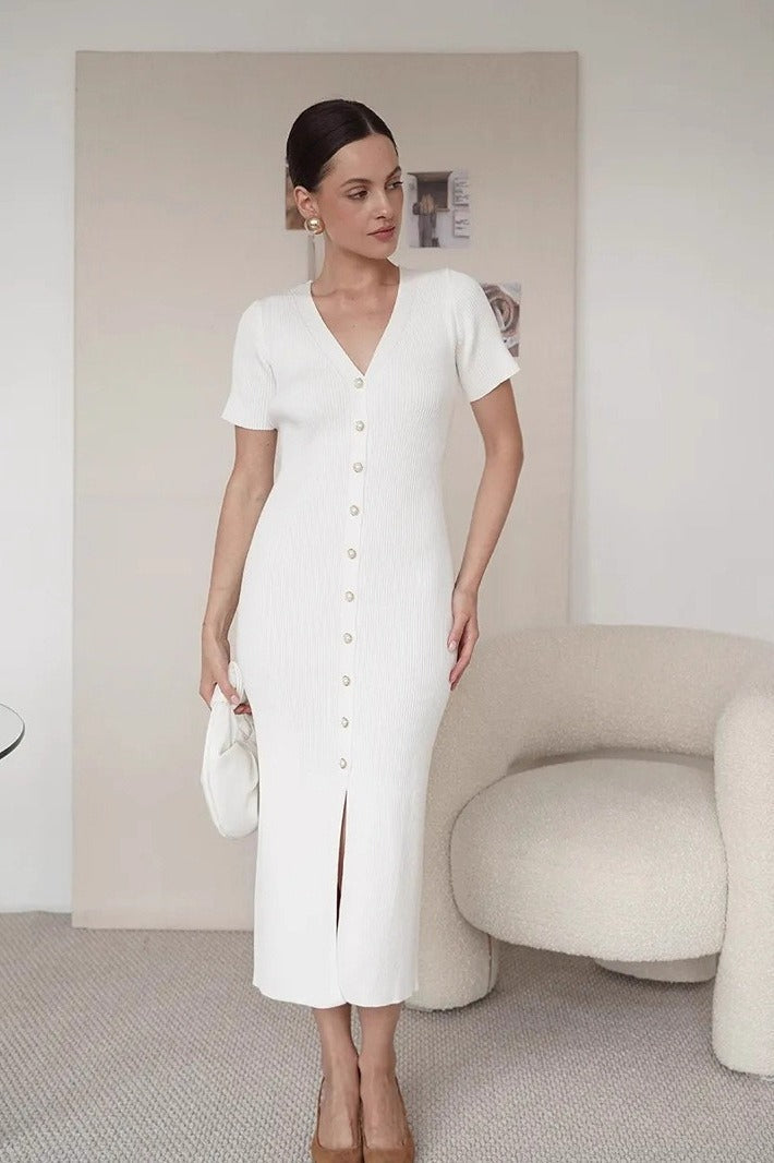 Waist Cinched V Neck Single Breasted Short Sleeve Knit Maxi Sweater Dress - View 2 | VelvetHem