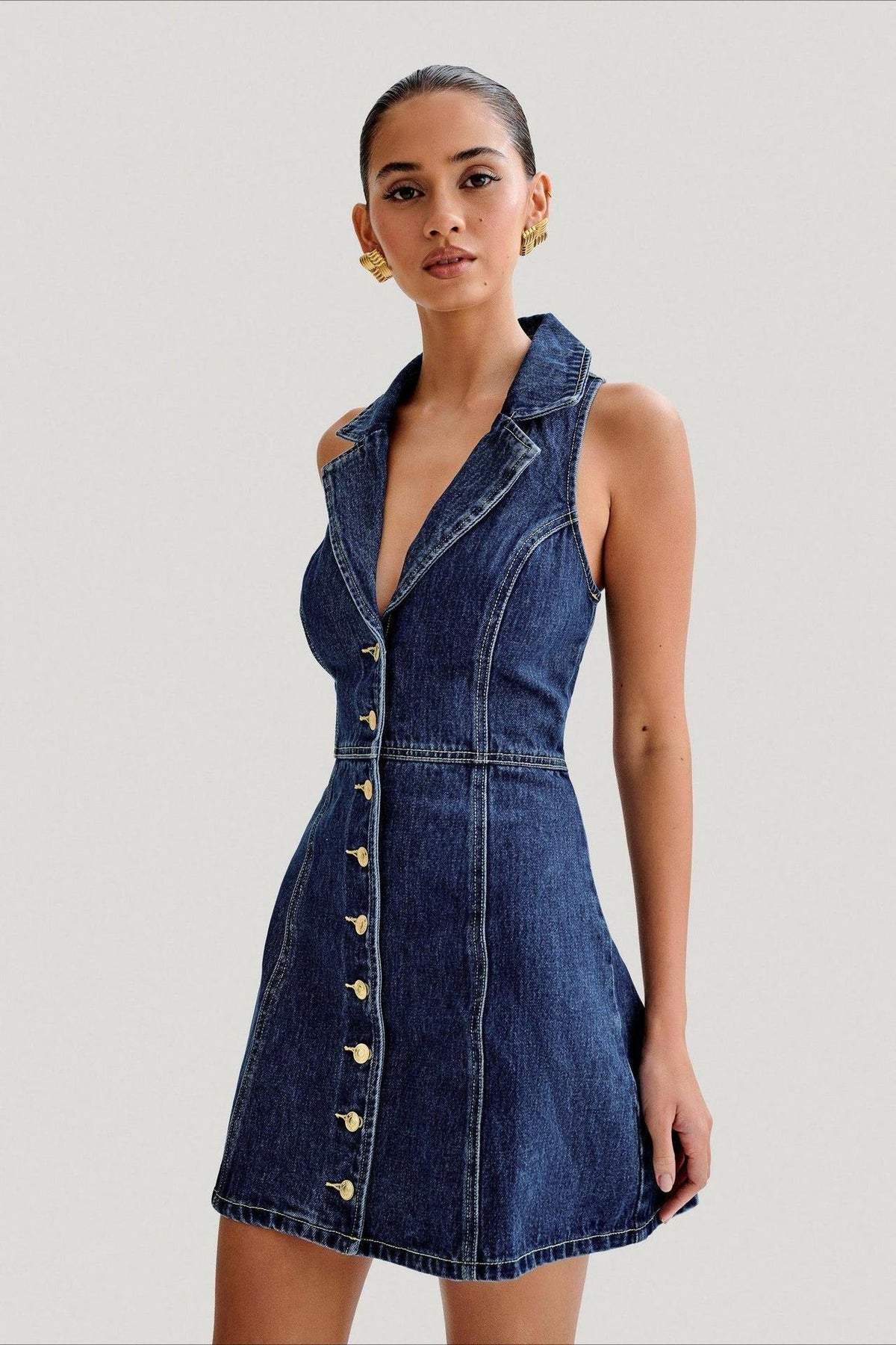 Fitted Halter Denim Dress - View 2 | VelvetHem