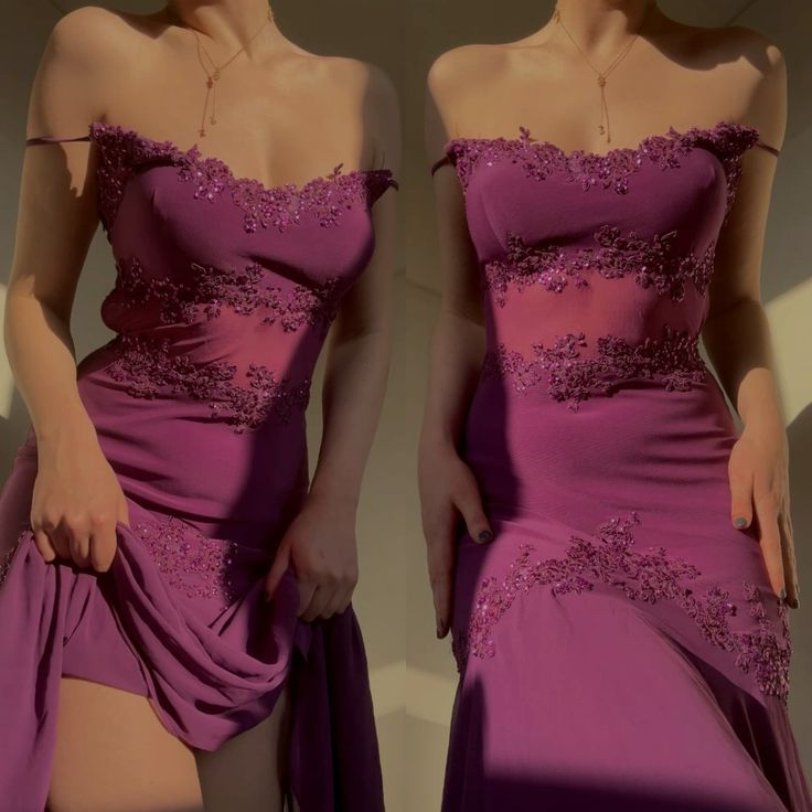 Newest Plum Purple Spaghetti Straps Prom Dress Spaghetti Straps Chiffon Appliques Party Evening Gown - View 3 | FashionDia