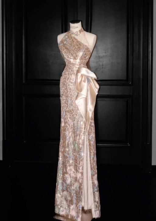 Champagne Sequin Prom Party Dress Shiny Evening Dress Birthday Outfit - FashionDia