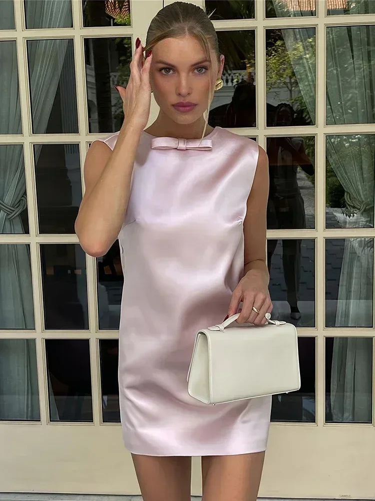 TARUXY Satin Mini Dress For Women Sexy Backless Bow Clothes Sleeveless Tank Dresses Femme 2023 Party Elegant Evening Dress Woman - View 3 | VelvetHem