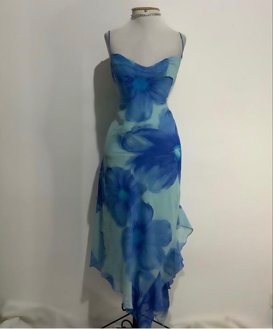 Chic Blue Print Chiffon Prom Dress Party Evening Dress - FashionDia