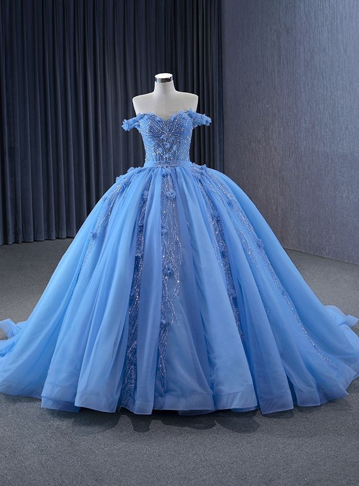 Glitter Blue Ball Gown Tulle Off-the-Shoulder Sequins Appliques Prom Dress - FashionDia