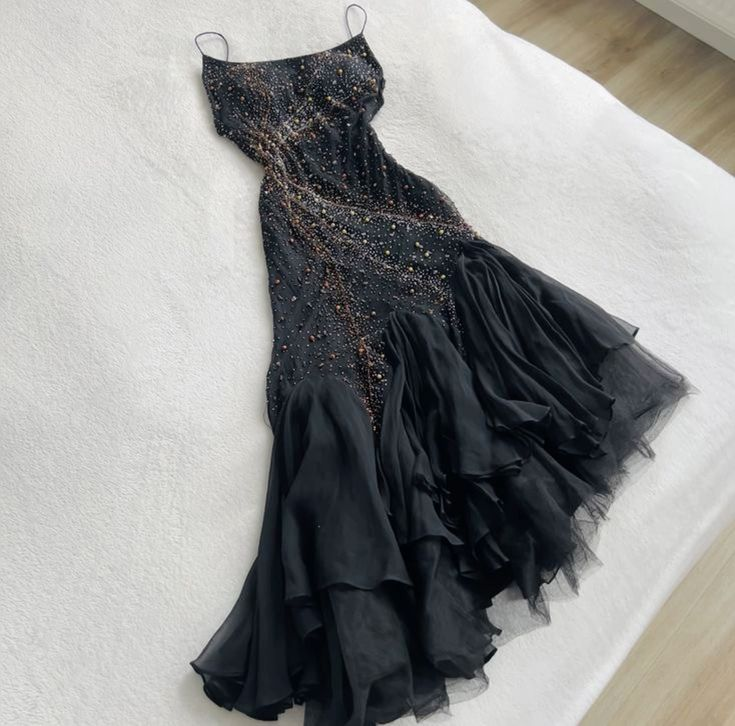 Mermaid Spaghetti Straps Black Tulle Long Prom Dresses Evening Dress