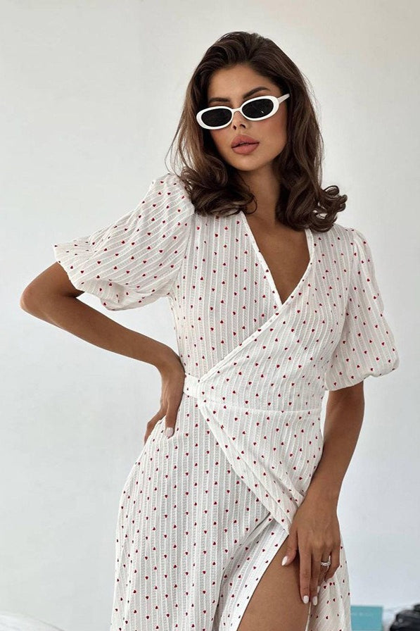 Cotton Heart Print V-Neck Wrap Maxi Dress - VelvetHem