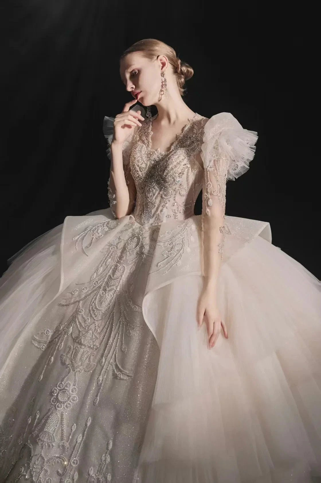 Glamorous V-Neck Ball Gown Long Lace Sleeve Beaded Embroidery Wedding Dress with Ruffled Train (ZD16904)