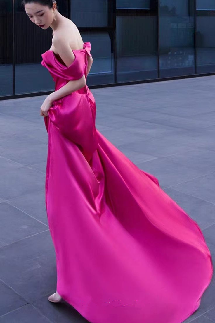 Rosy Pink Off-the-Shoulder Simple Prom Dress Fashion Pleated Evening Dress - View 3 | FashionDia