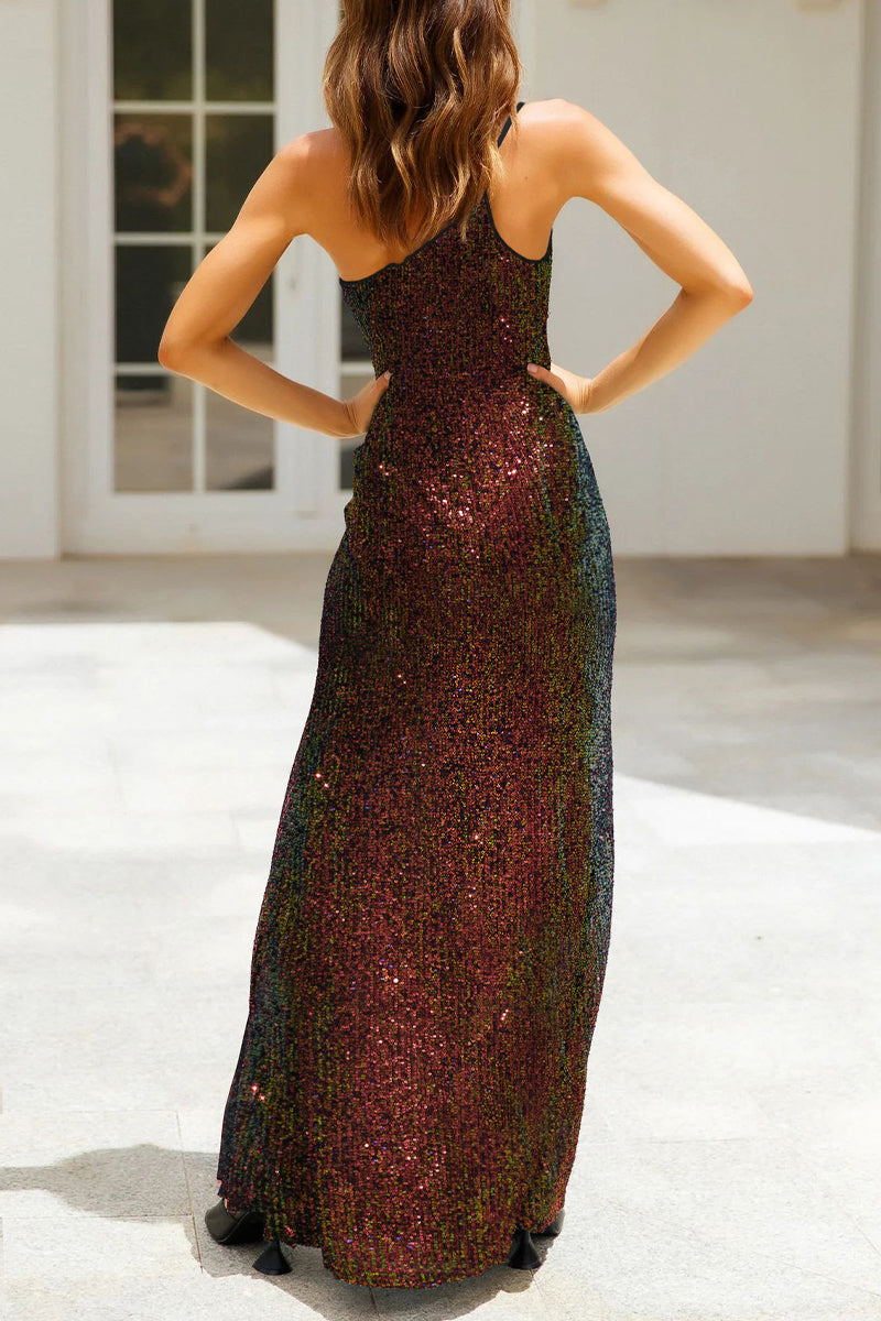 Sexy Formal Solid Sequins Slit Oblique Collar Evening Dress Dresses - View 7 | VelvetHem