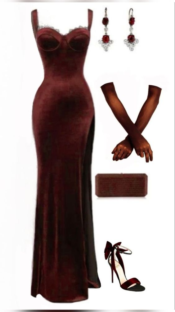 Elegant Burgundy Lace Velvet Long Prom Dress Slit Mermaid Evening Dress With Gloves - FashionDia