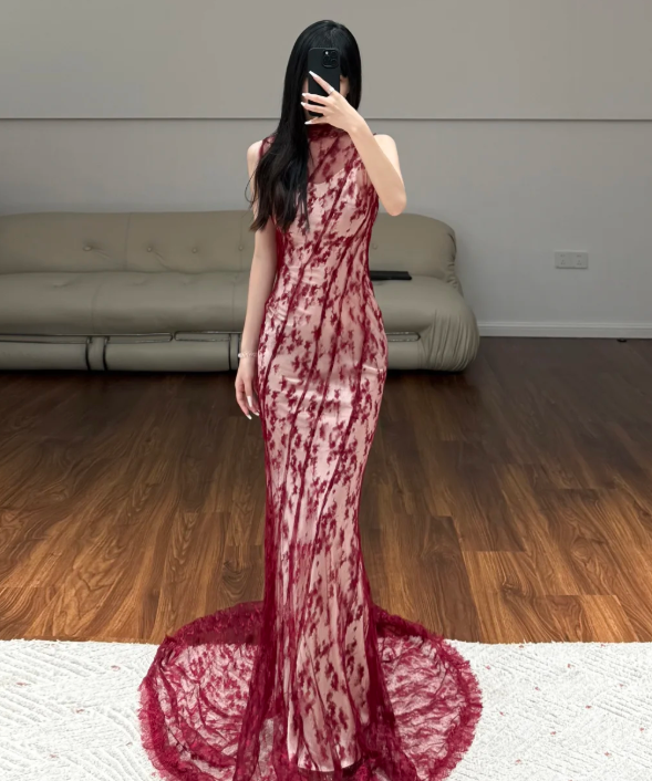 Burgundy Mermaid Prom Party Dress Sexy Evening Dress Birthday Outfit - FashionDia