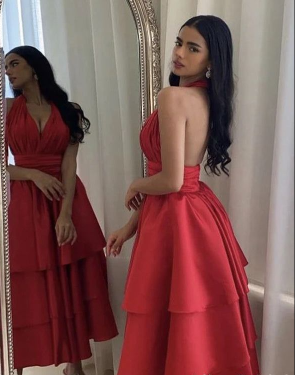 Charming Halter V Neck Evening Gown A Line Tiered Satin Prom Dress Y7660 - View 2 | VelvetHem