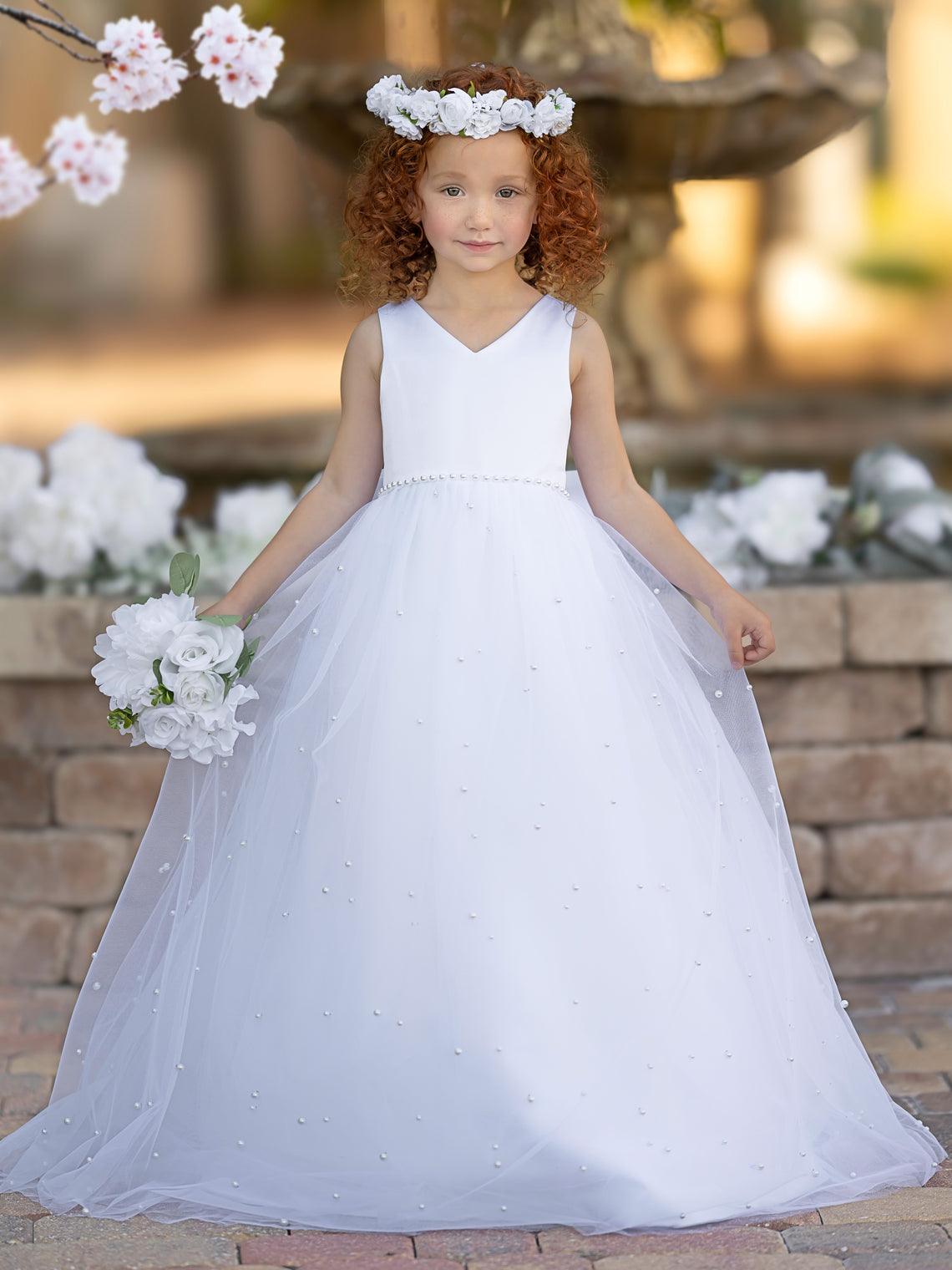 Elegant Princess Ball Gown Satin & Tulle Flower Girl Dress - View 5 | VelvetHem