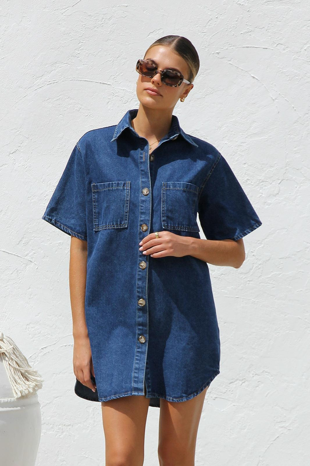 Short Sleeve Shirt Denim Dress - View 2 | VelvetHem