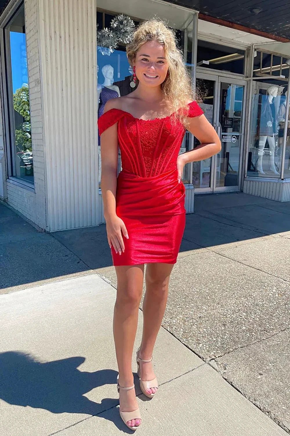 Cute Red Off the Shoulder Satin Homecoming Dresses with Lace (ZD11432) - VelvetHem