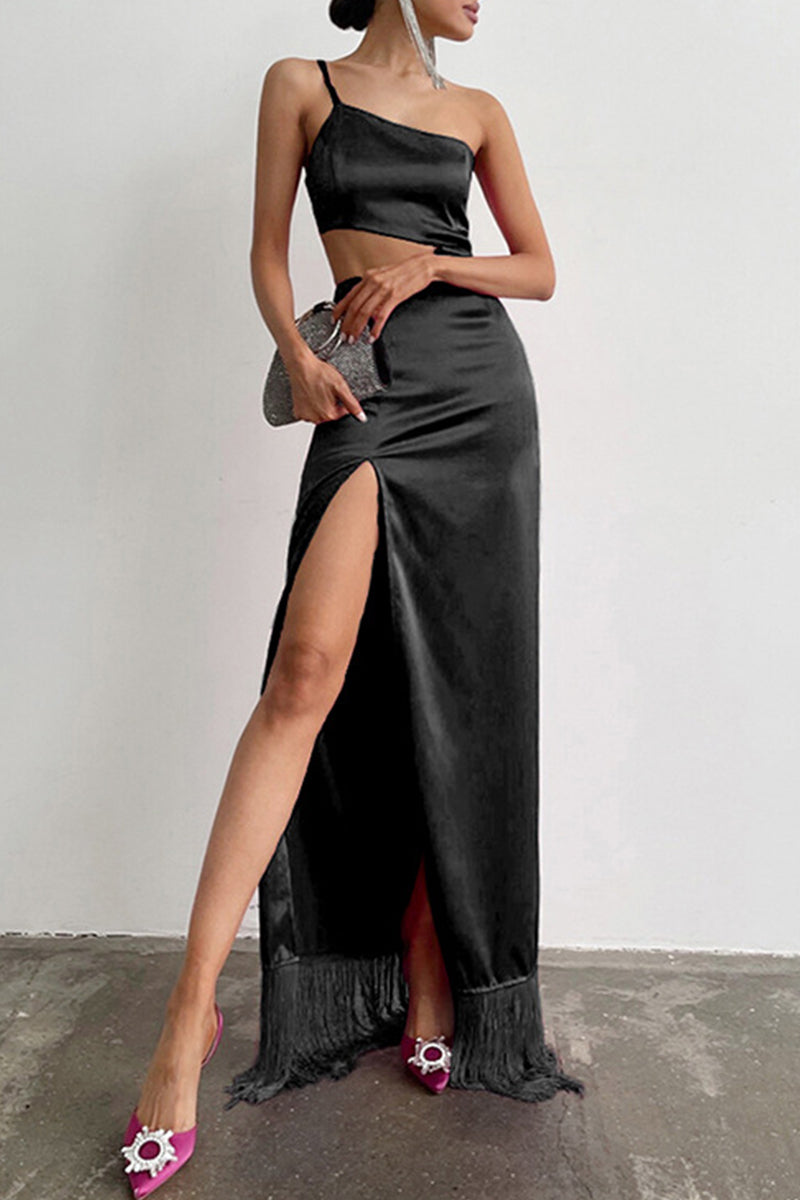Sexy Party Solid Tassel Asymmetrical Oblique Collar Evening Dress Dresses - View 6 | VelvetHem