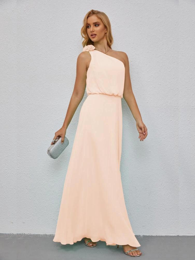 Ruffled One Shoulder Sleeveless Long Bridesmaid Dresses A-line Formal Evening Gown Side Split 28080 by numbersea