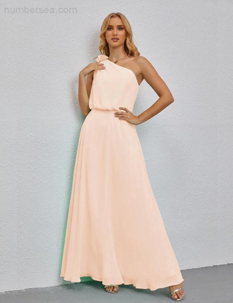 Ruffled One Shoulder Sleeveless Long Bridesmaid Dresses A-line Formal Evening Gown Side Split 28080 (ZD17018)