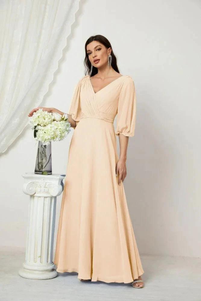Numbersea Formal Prom Gown Women V-Neck Chiffon Bridesmaid Dresses Long Bishop Sleeve Party Dress 2807 by numbersea