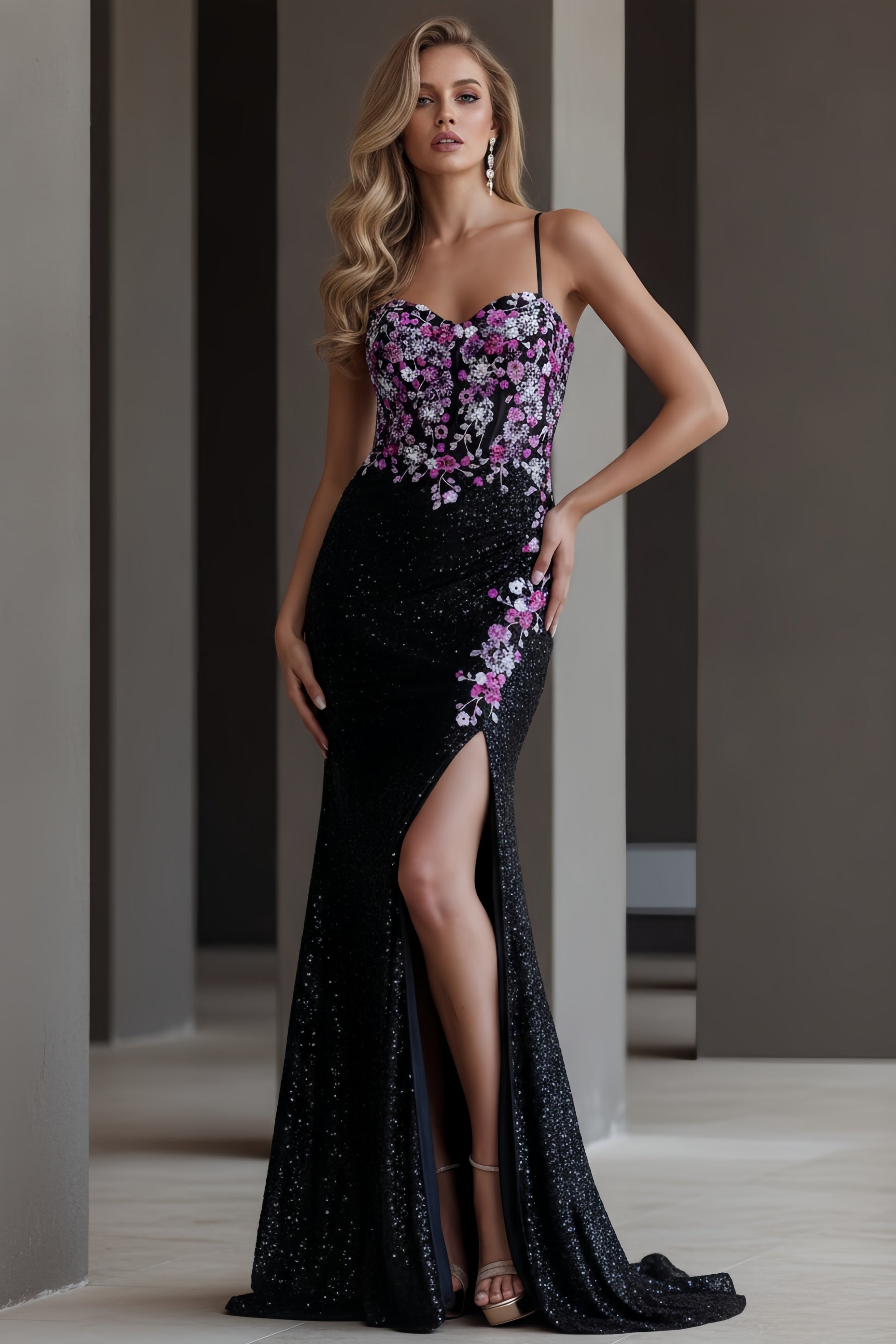 Floral Embroidered Corset Evening Gown with Glitter and High Slit