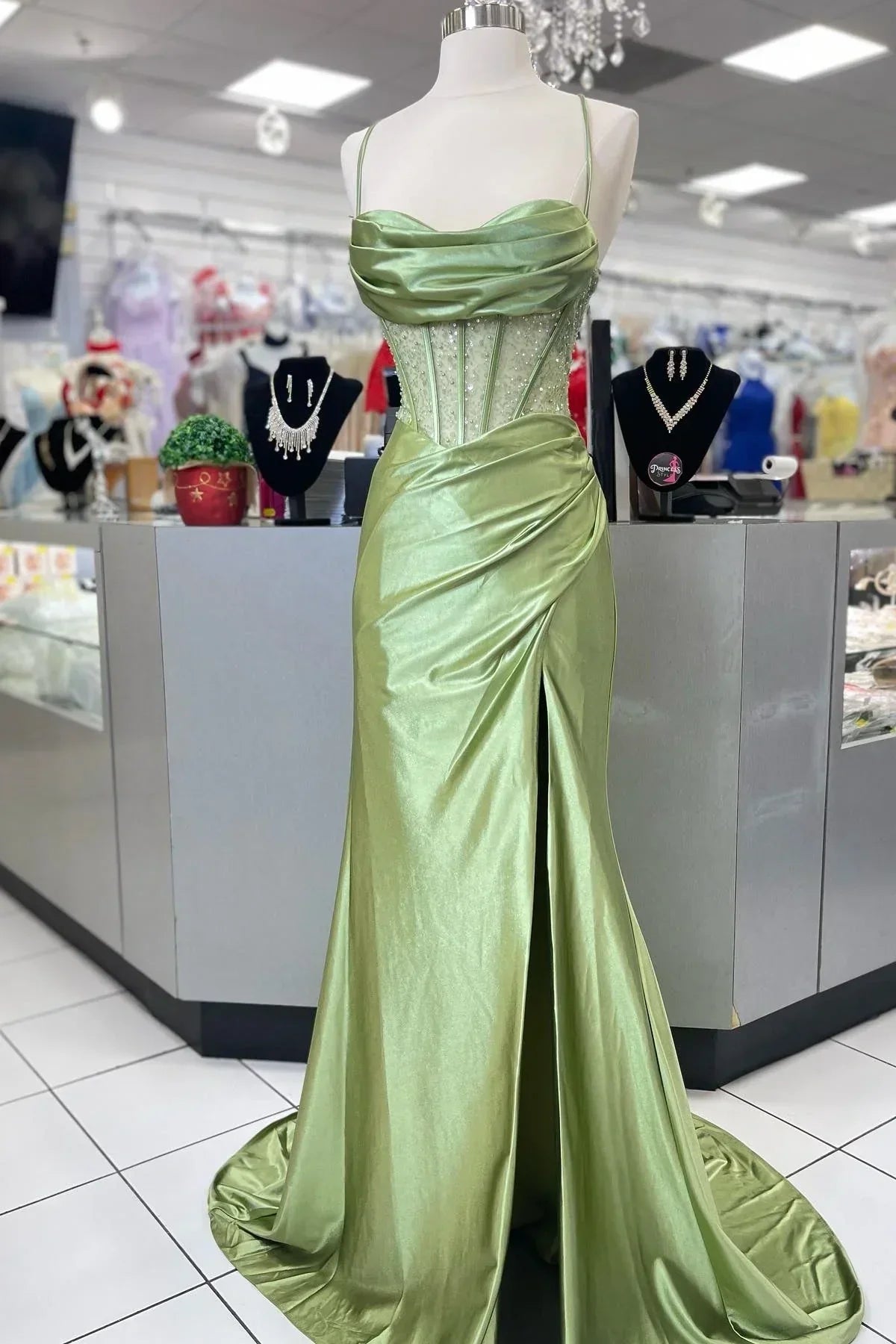 Trendy Mermaid Spaghetti Straps Green Corset Prom Dress with Split Front