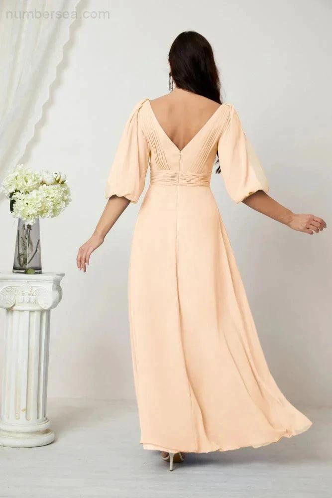 ZapDress Formal Prom Gown Women V-Neck Chiffon Bridesmaid Dresses Long Bishop Sleeve Party Dress 2807 (ZD17027)