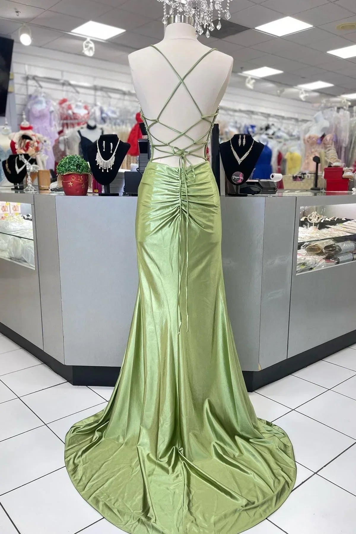Trendy Mermaid Spaghetti Straps Green Corset Prom Dress with Split Front