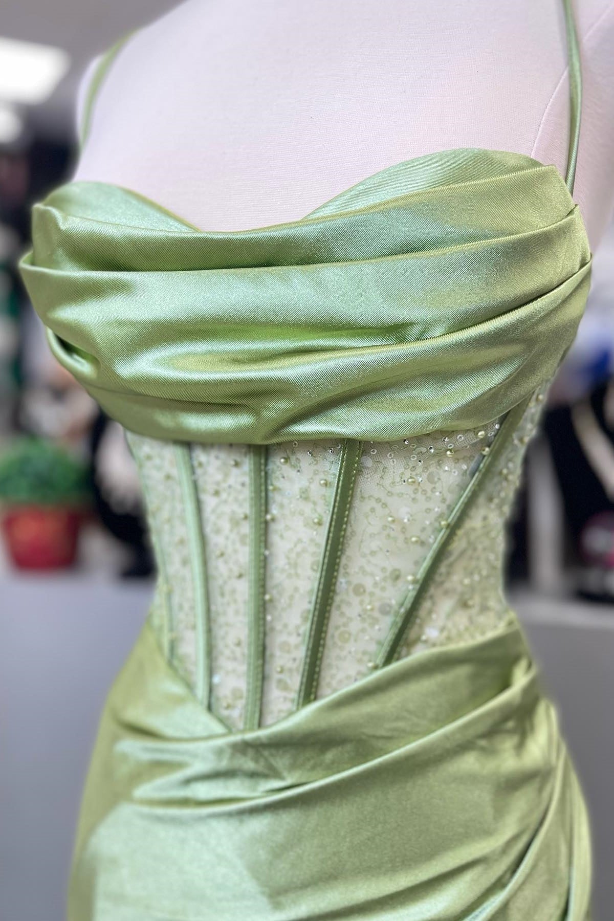 Trendy Mermaid Spaghetti Straps Green Corset Prom Dress with Split Front