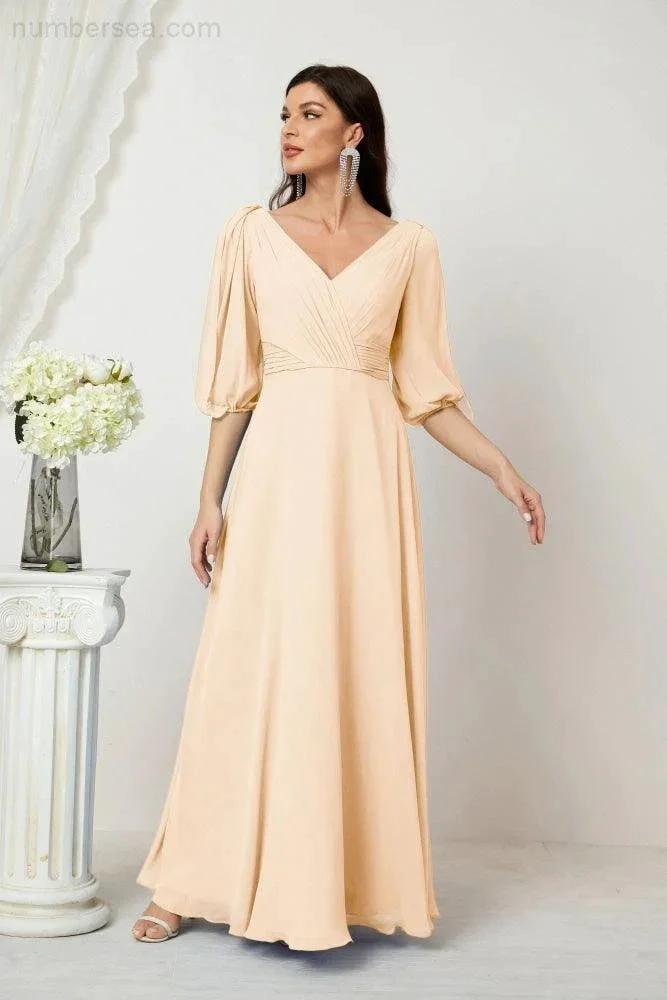 ZapDress Formal Prom Gown Women V-Neck Chiffon Bridesmaid Dresses Long Bishop Sleeve Party Dress 2807 (ZD17027)