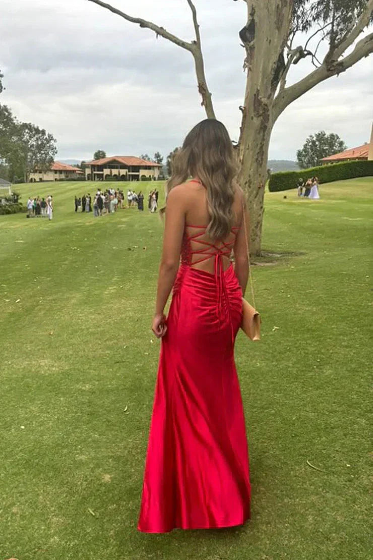 Trendy Mermaid Spaghetti Straps Green Corset Prom Dress with Split Front
