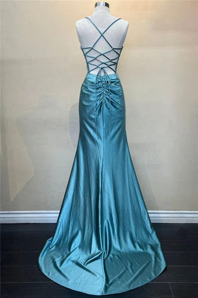 Trendy Mermaid Spaghetti Straps Green Corset Prom Dress with Split Front