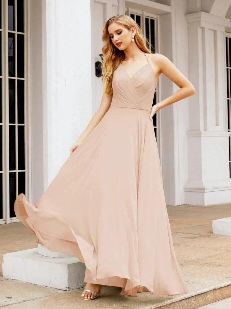 Numbersea Halter Chiffon Bridesmaid Dresses Wedding Appare Sleeveless Formal Prom Dress with Ruffled Back 28035 by numbersea