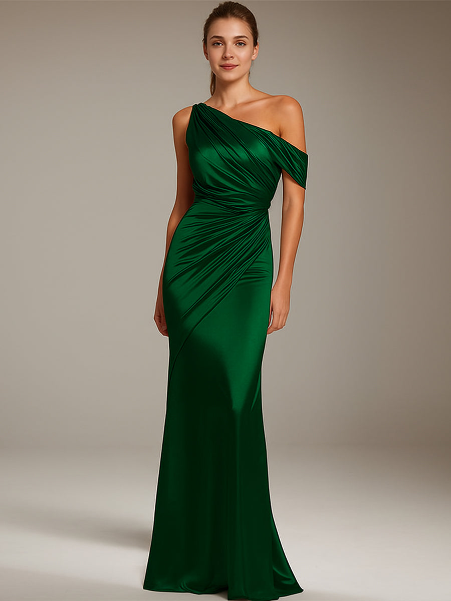 Formal Party Satin Dress Silver One-Shoulder Pleated Floor-Length Dress